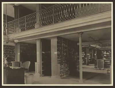 Library interior with gallery, alcoves and bookshelves