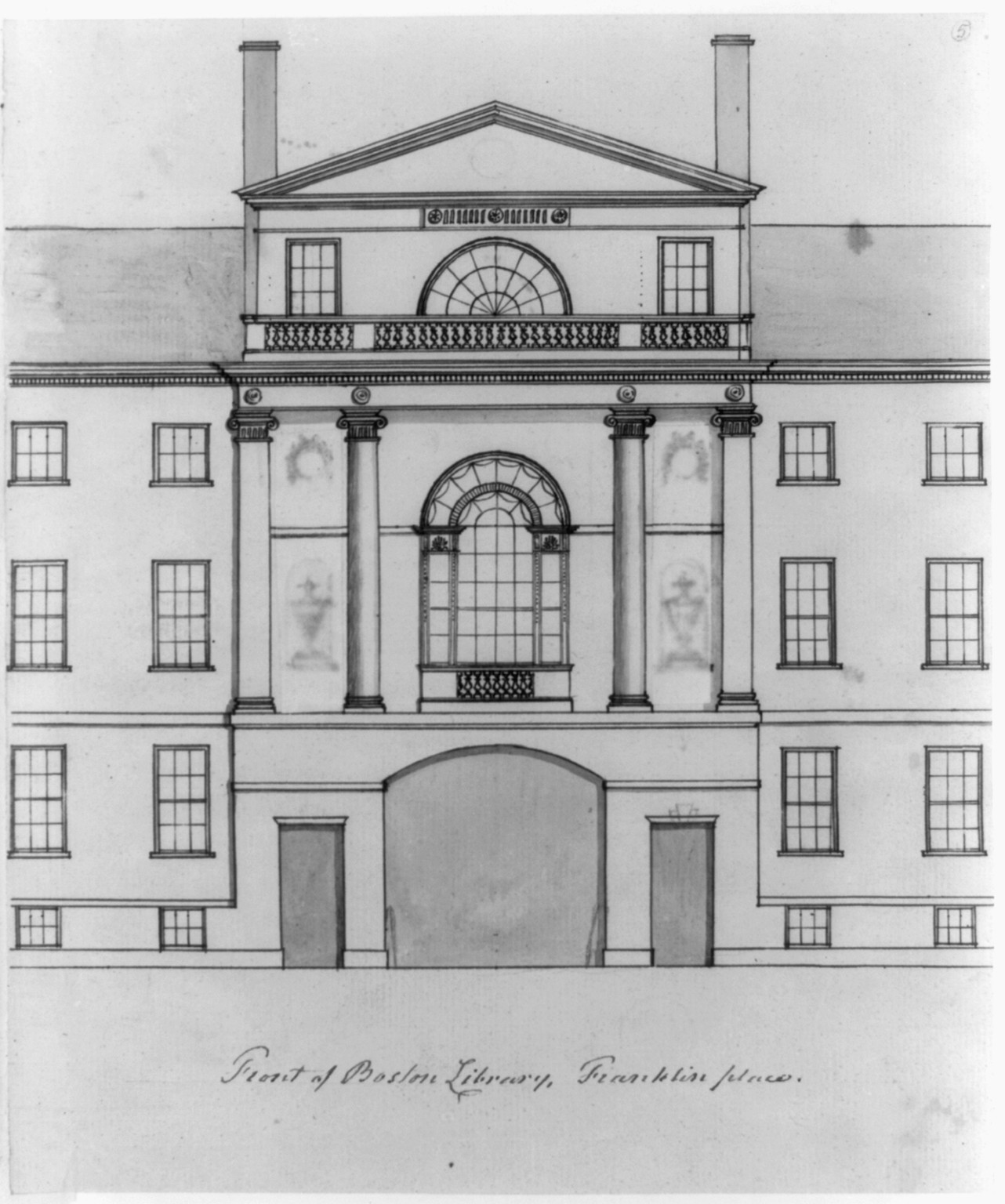 Front of Boston Library, Franklin place, [between 1803 and 1827] — historic drawing