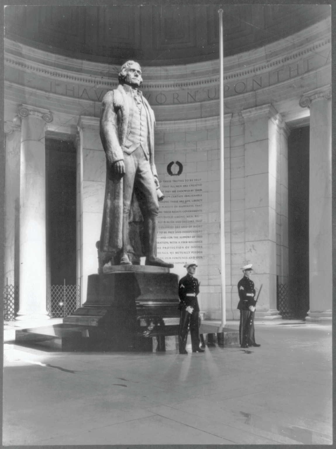 [D.C. - Washington - Jefferson Mem. Jefferson statue guarded by 2 Marines during memorial dedication] — historic photograph