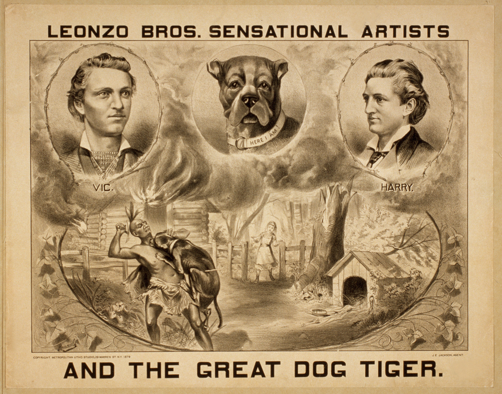 Leonzo Bros. sensational artists and the great dog, Tiger, 1879 — historic image