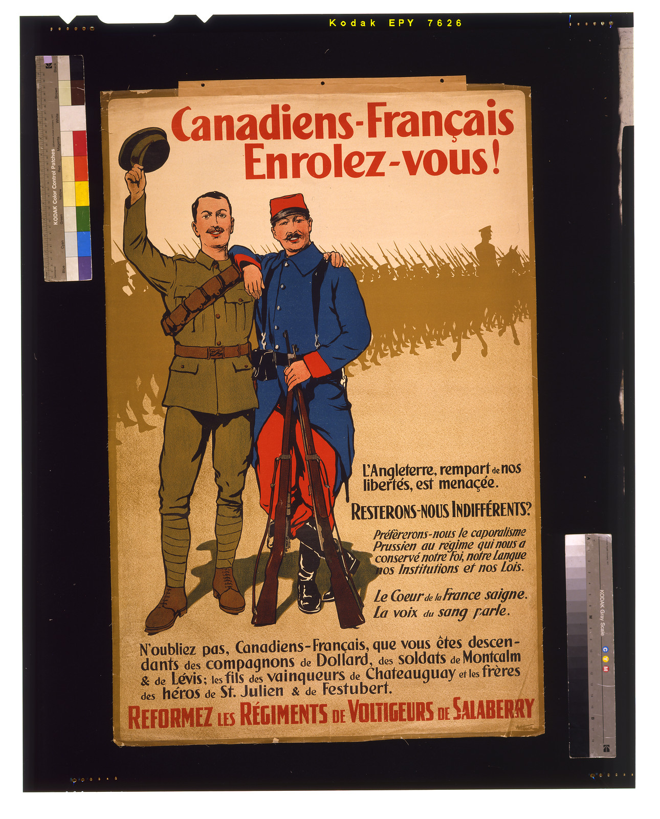 Canadiens-Franccedilais enrolez-vous! ... Reformez les reacutegiments de voltigeurs de Salaberry / A.H. Hider., 1915 — vintage poster