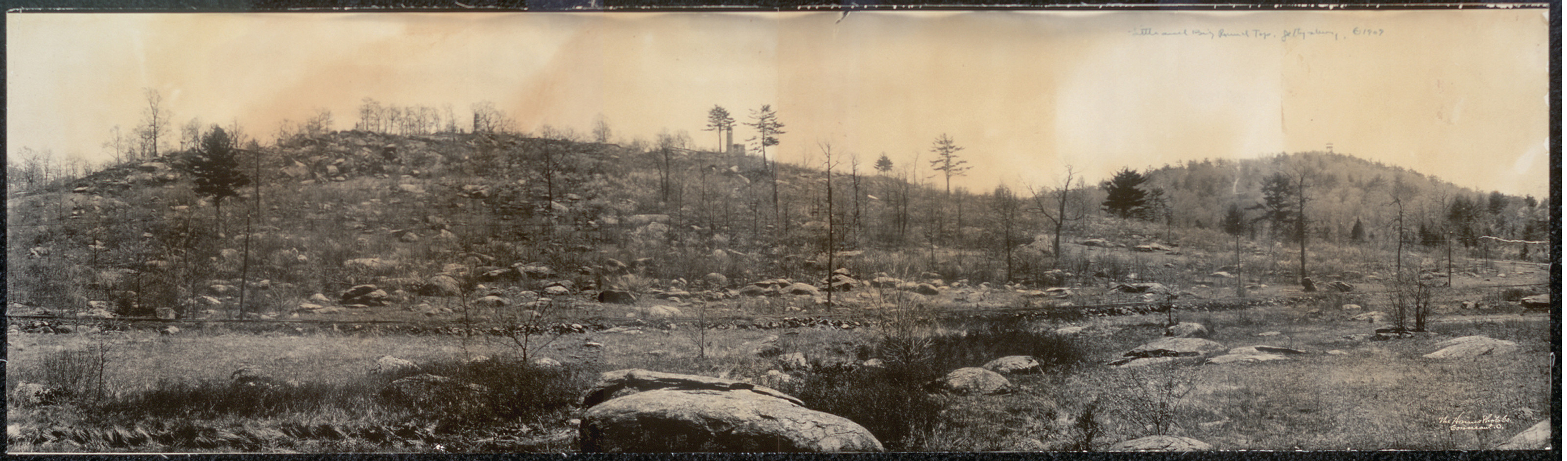 Panoramic view of rocky wooded hillside, Gettysburg, 1909 — historic image