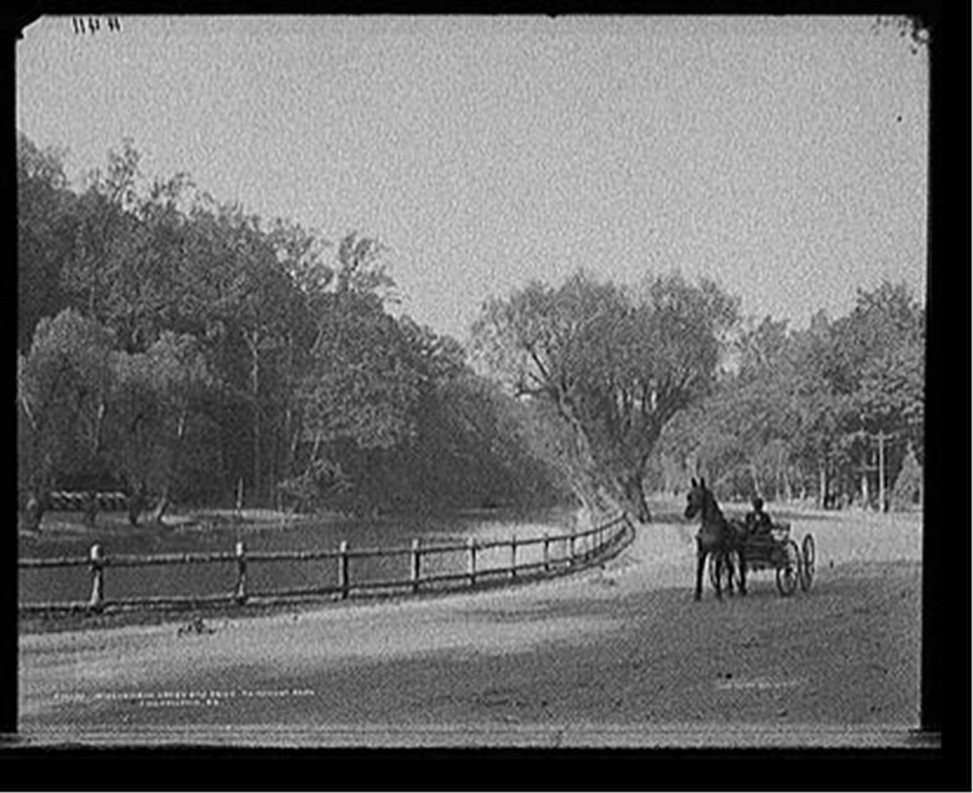 Wissahickon Creek and drive, Fairmount Park, Philadelphia, Pa., c[1908] — historic photograph