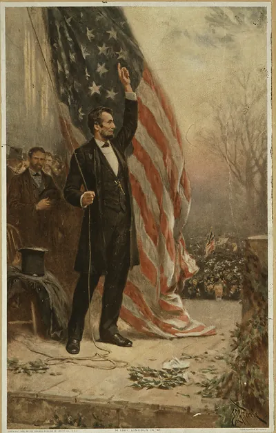 [Abraham Lincoln, standing, full-length, facing right, holding rope of flag(?), arm upraised]