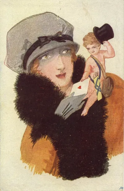 Woman in fur collar with Cupid holding a top hat