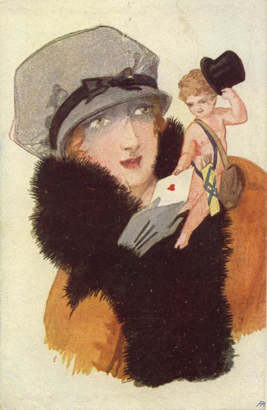 Woman in fur collar with Cupid holding a top hat — historic image