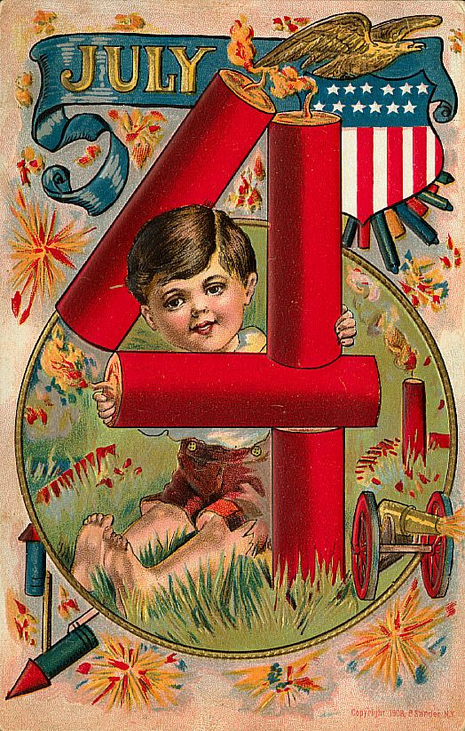 July 4 postcard with firecracker numerals and a child — vintage postcard