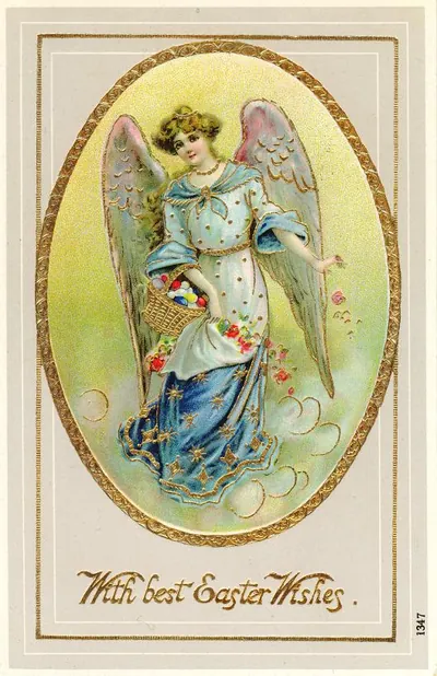 Angel holding Easter eggs, "With best Easter Wishes" card