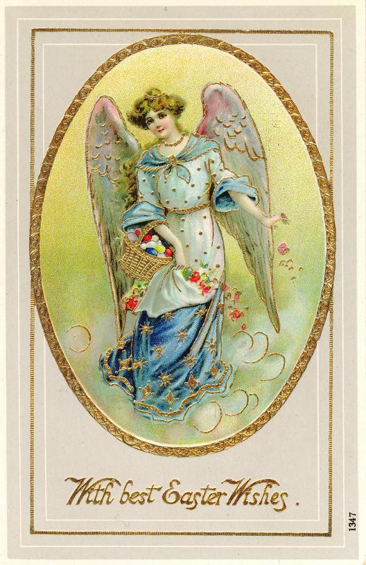 Angel holding Easter eggs, "With best Easter Wishes" card — historic image