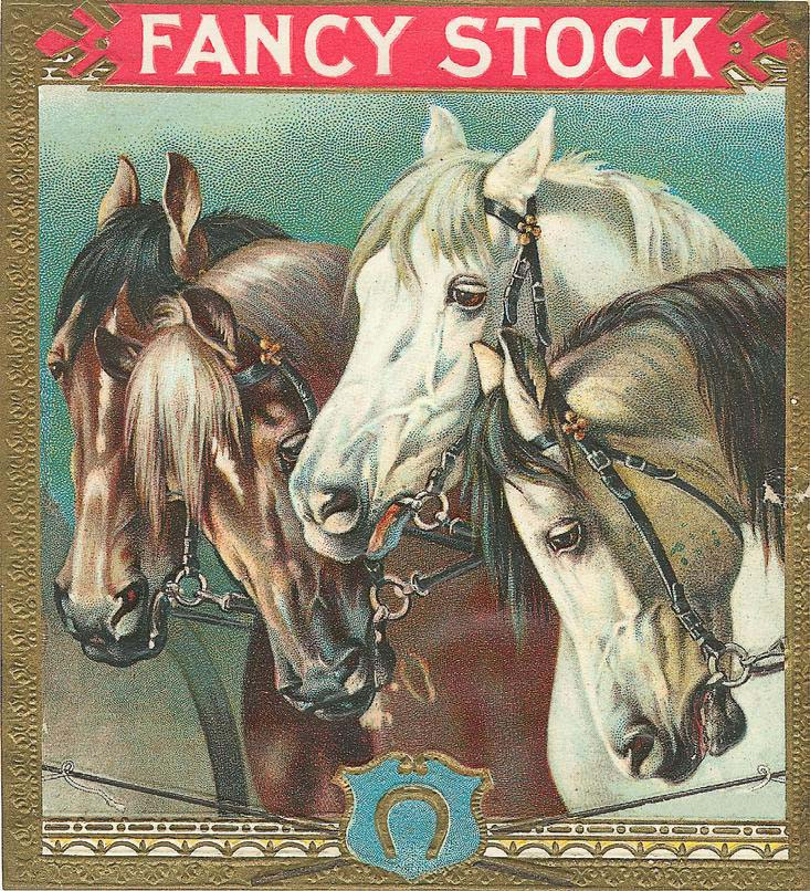 Fancy Stock label with three horses and horseshoe — historic image