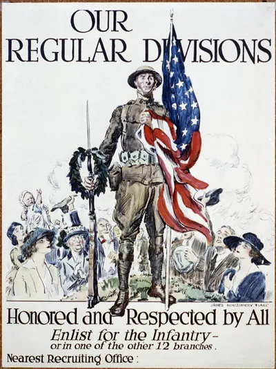 Our regular divisions honored and respected by all Enlist for the infantry - or in one of the other 12 branches / James Montgomery Flagg lithographed by Sackett Wilhelms Corporation Brooklyn N.Y.