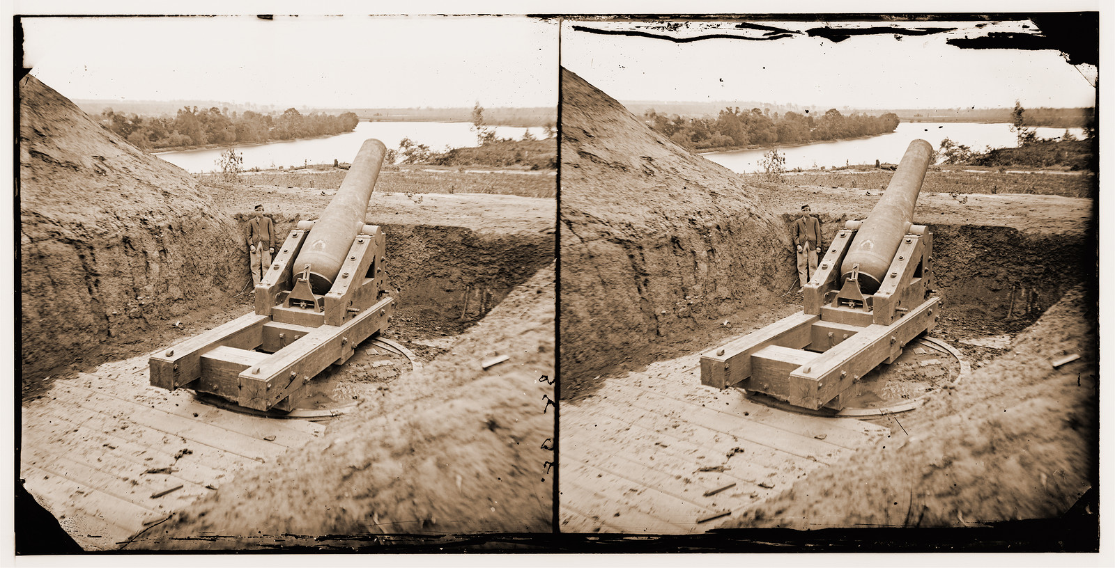 Dutch Gap Canal James River Virginia (vicinity). A 10-inch Columbiad gun in Battery, 1865 — historic photograph