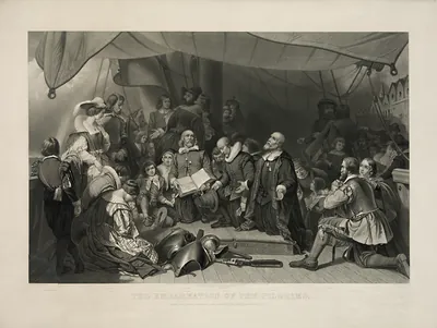 The Embarkation of the Pilgrims engraving on a ship deck