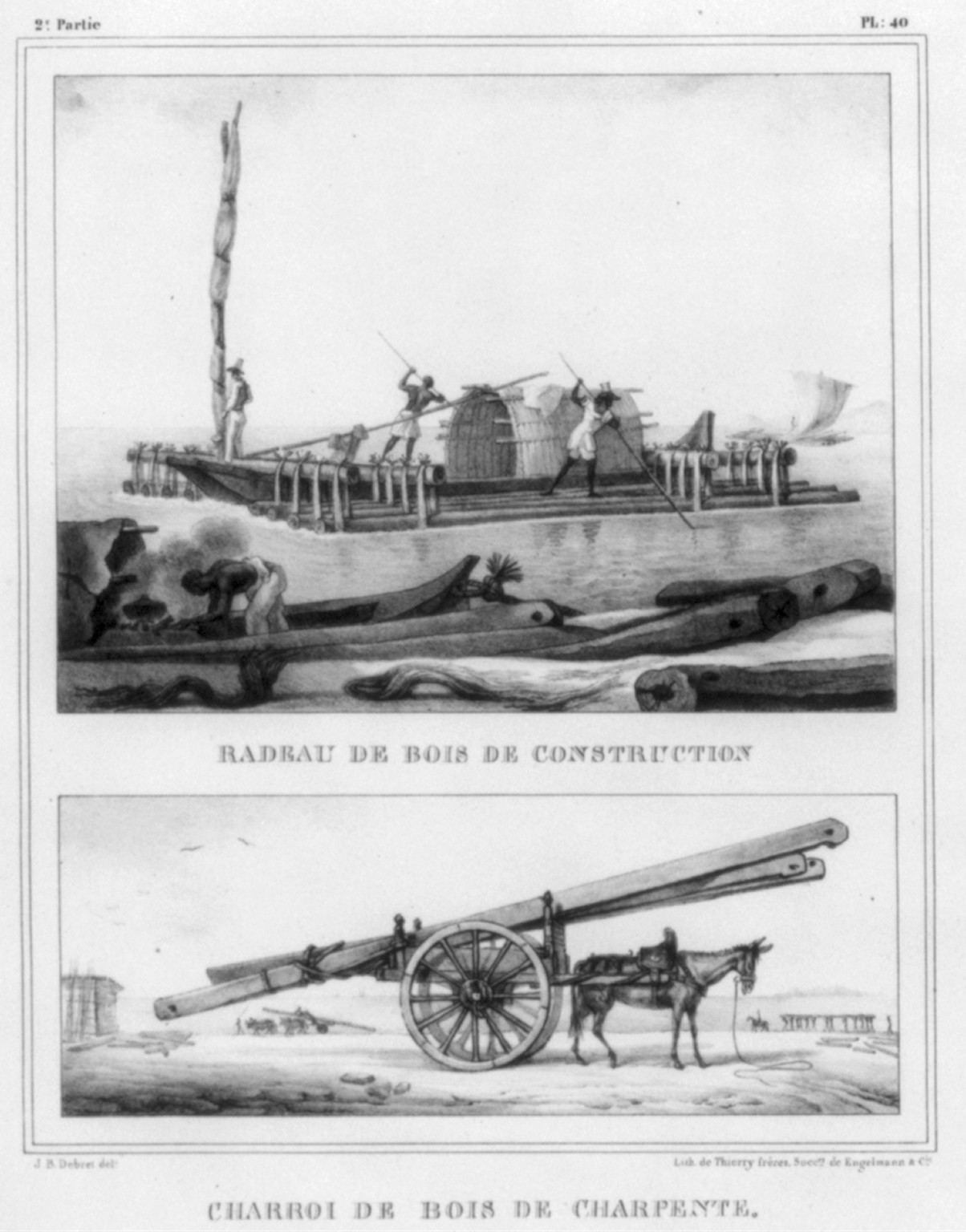 [Large wooden raft; horse-drawn cart loaded with lumber] — antique lithograph