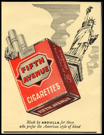 Fifth Avenue cigarettes advertisement with Statue of Liberty