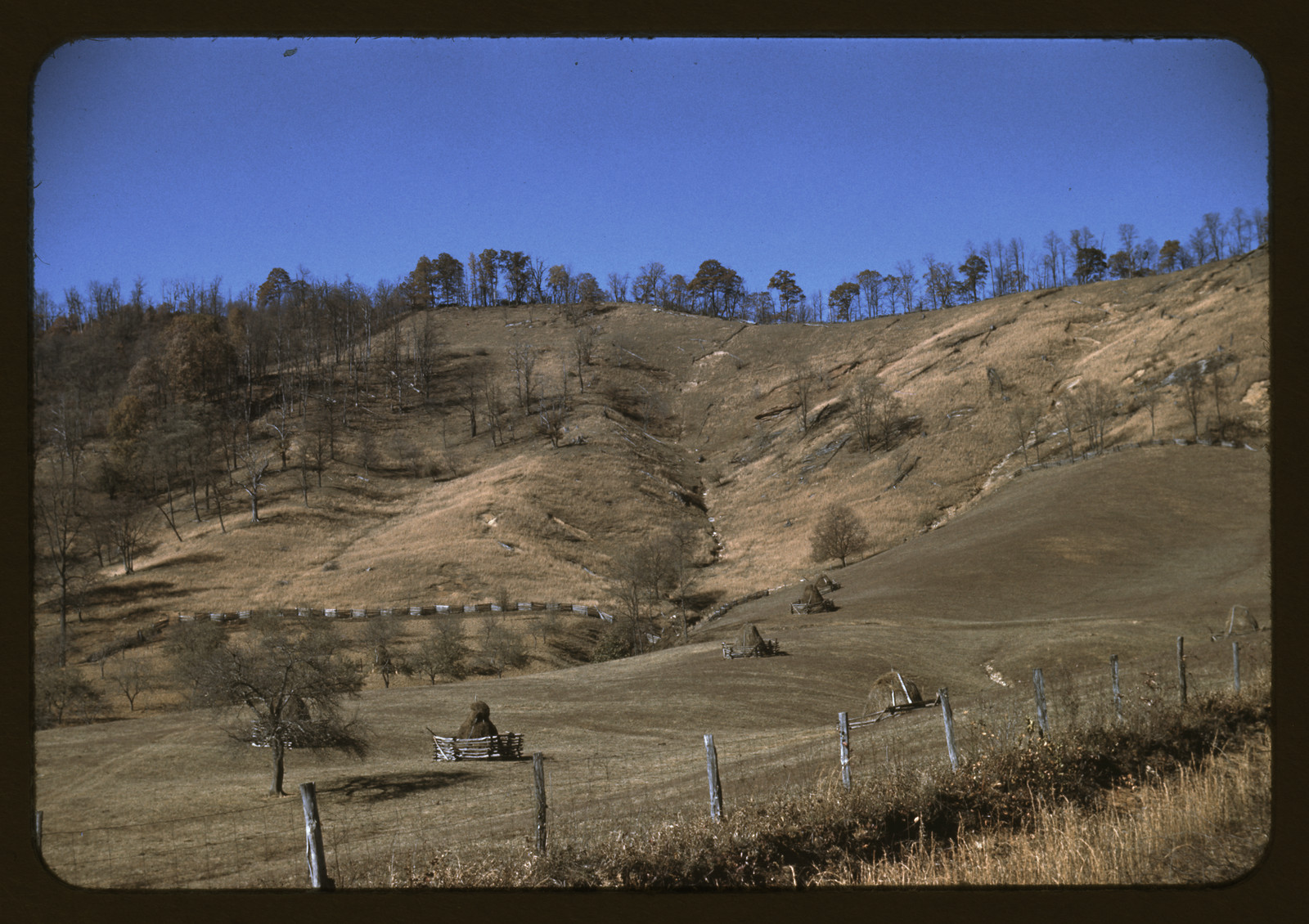 Hillside farm landscape with fences and a seated figure — historic image