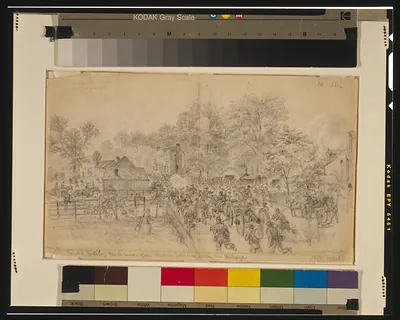 Rebels leaving Mechanicsville. Union batteries shelling the Village