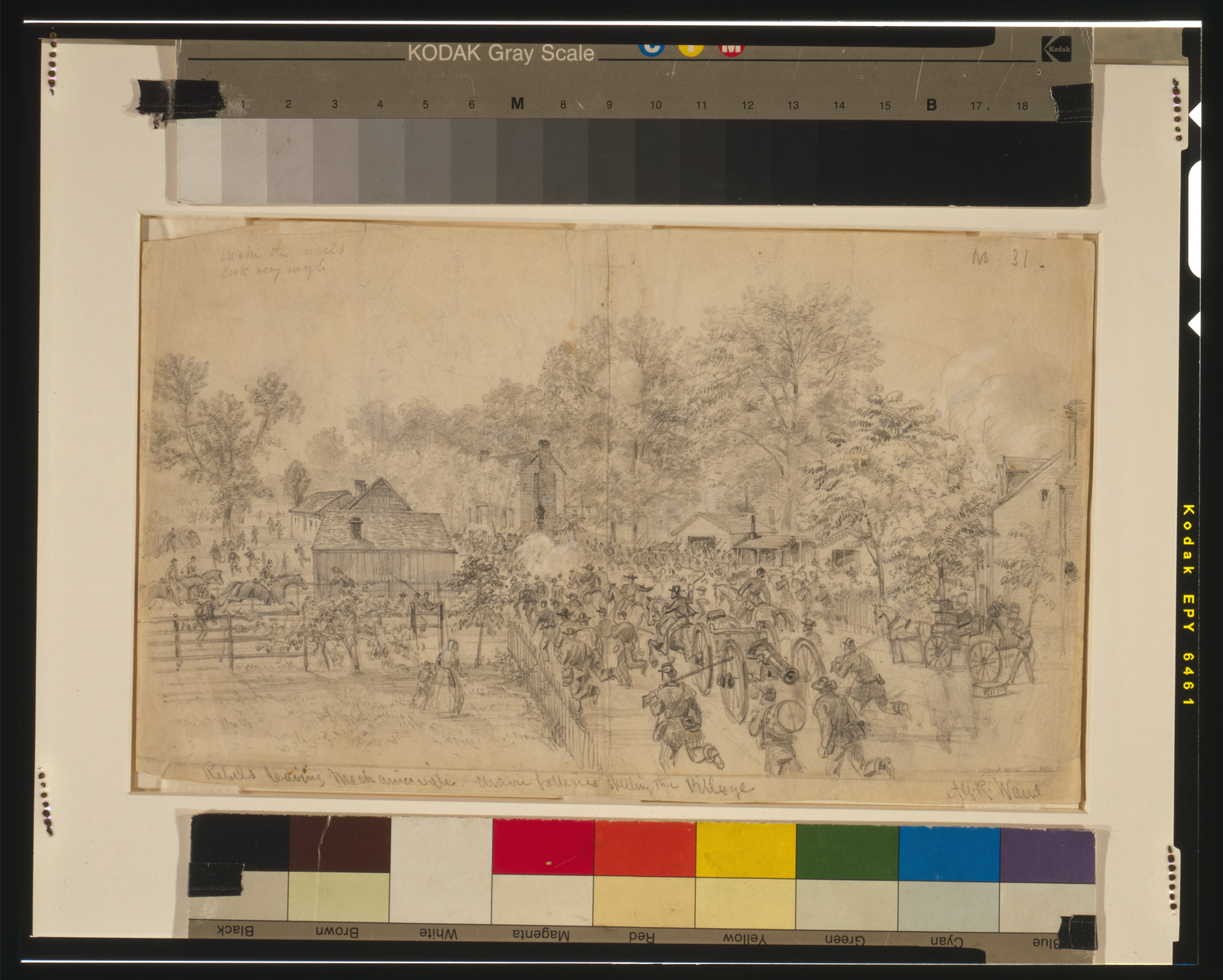 Rebels leaving Mechanicsville. Union batteries shelling the Village, [1862 May 24] — historic drawing