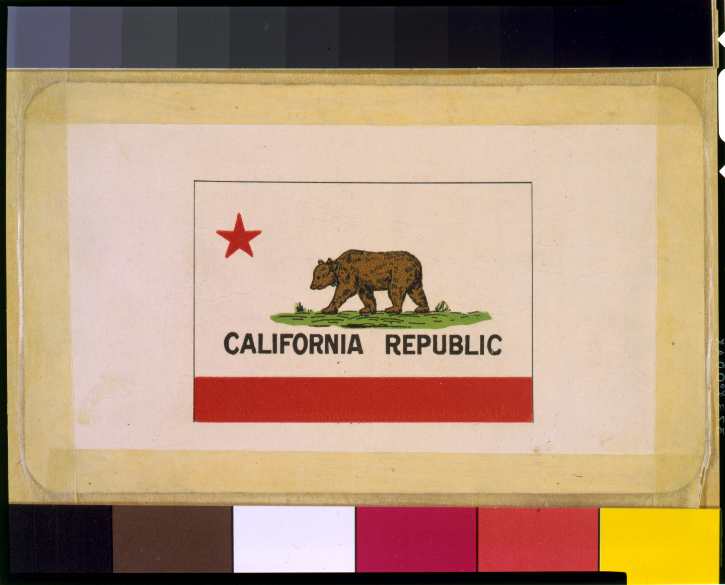 [California state flag depicting grizzly bear emblem over the words California Republic"]", [between 1900 and 1930] — antique lithograph