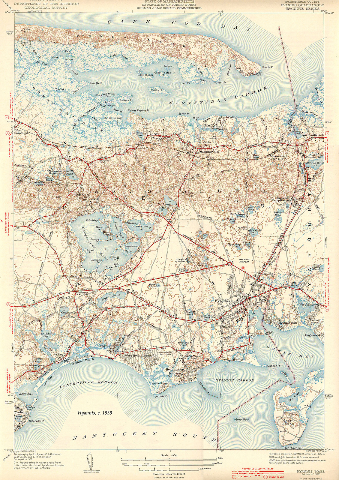 Hyannis USGS 1939-GC, Massachusetts — antique map