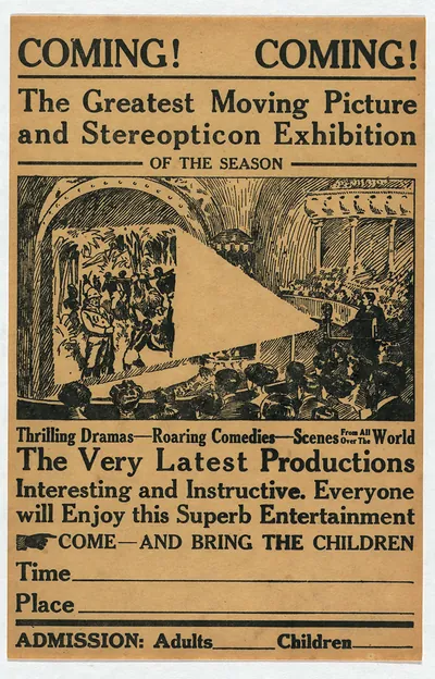 Coming! Greatest Moving Picture and Stereopticon Exhibition handbill