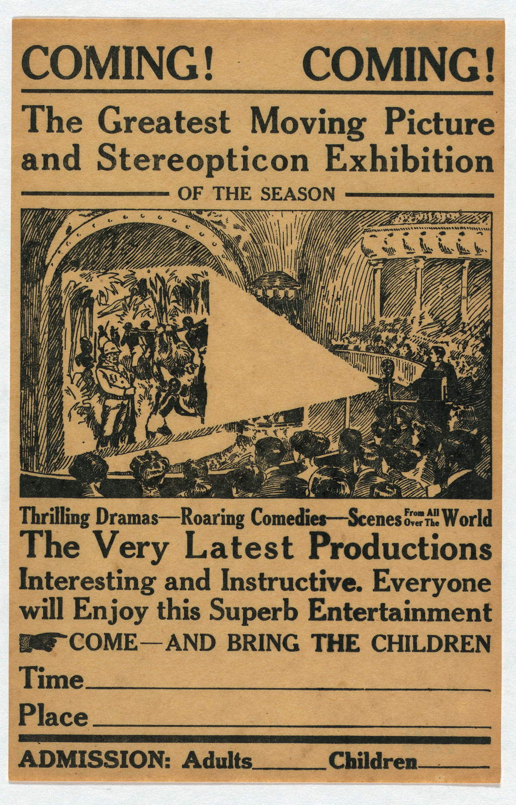 Coming! Greatest Moving Picture and Stereopticon Exhibition handbill — stereograph