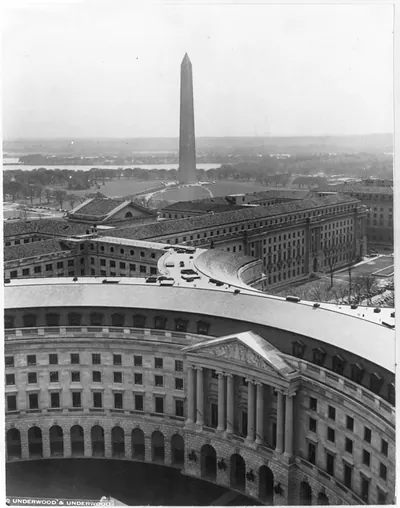 D.C. Washington. Aerial views. View of government buildings, looking toward Washington Monument