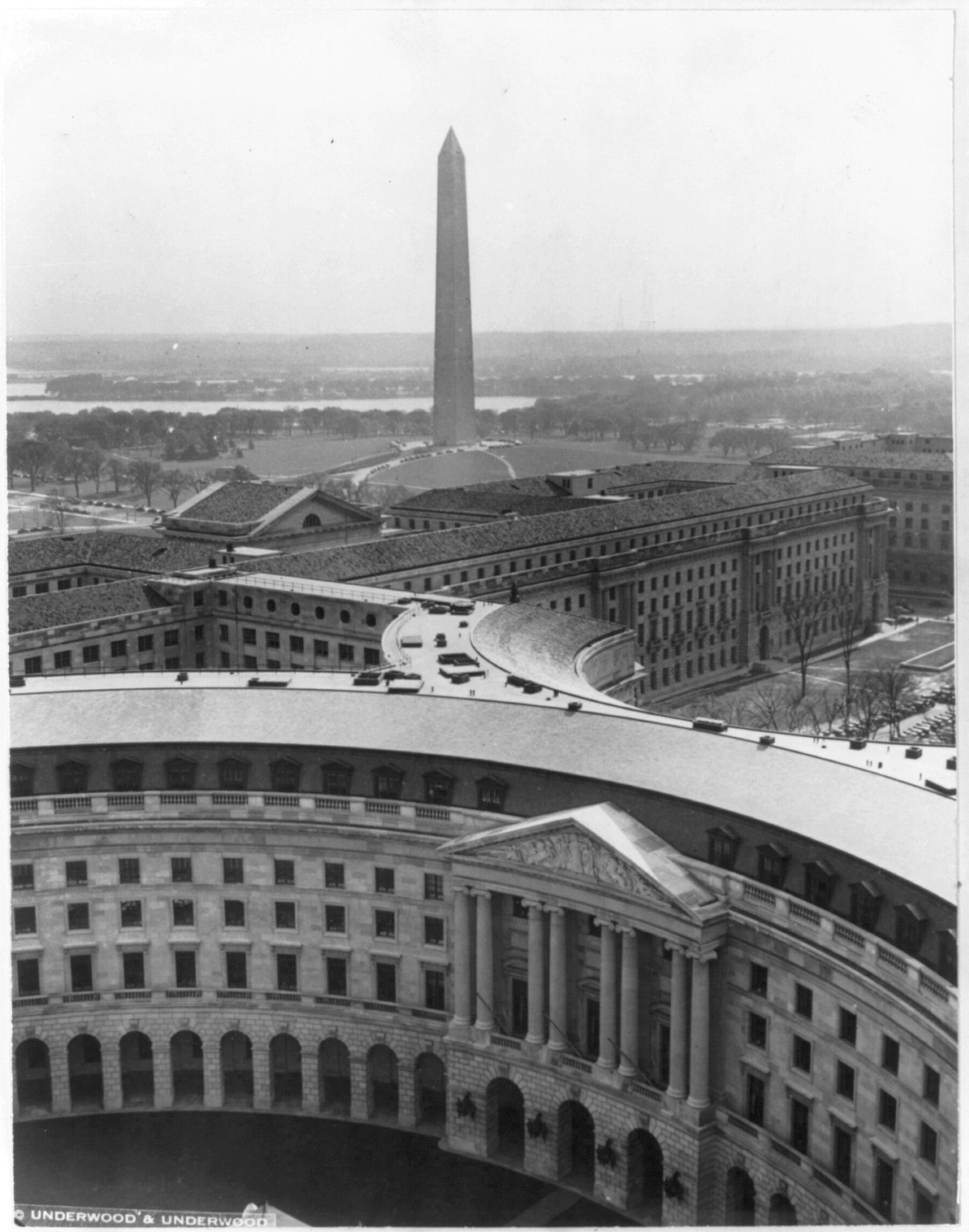 D.C. Washington. Aerial views. View of government buildings, looking toward Washington Monument — historic photograph