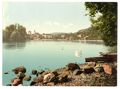Thun with view of Lake of Thun Bernese Oberland Switzerland