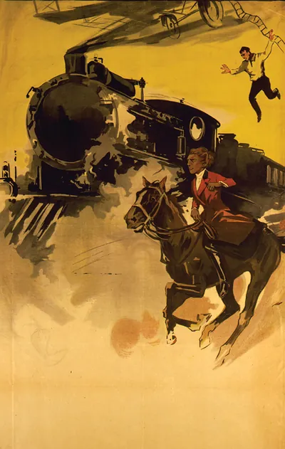 [Woman racing train on horseback, while man jumps from biplane onto train]