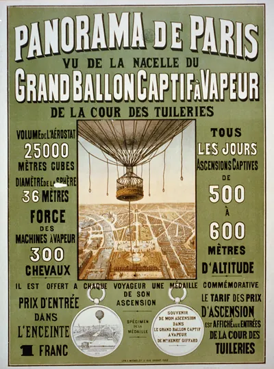 Panorama de Paris. Vu de la nacelle du grand ballon captif à vapeur de la cour des Tuileries