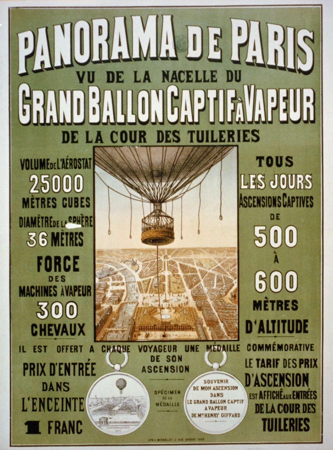 Panorama de Paris. Vu de la nacelle du grand ballon captif à vapeur de la cour des Tuileries, Paris : Lith. L. Michel & cie ..., [1878] — vintage poster