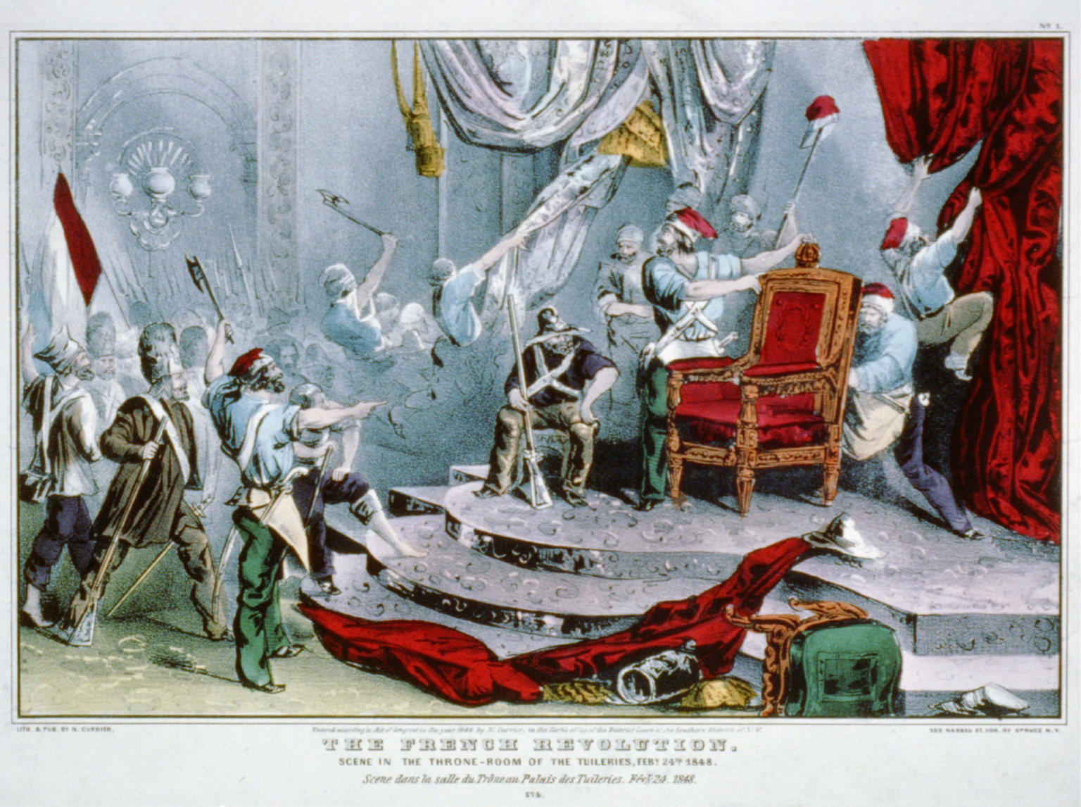 The French revolution: scene in the throne-room of the Tuileries, Feby. 24th, 1848, New York : Published by N. Currier, c1848. — antique lithograph