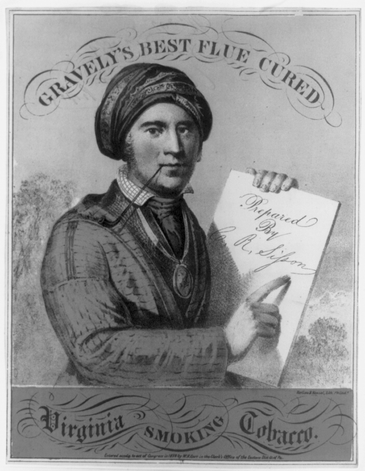 Gravely's best flue cured Prepared by C.R. Sisson : Virginia smoking tobacco / Herline & Hensel, Lith., Philada. : Herline & Hensel, Lith., c1859. — antique lithograph