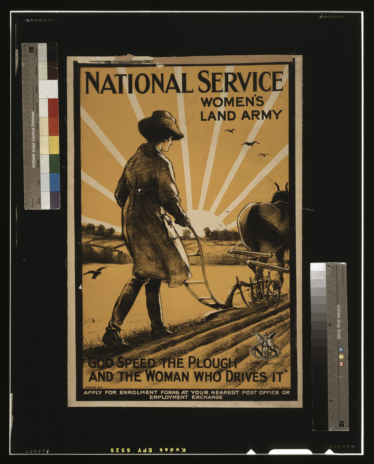 National Service Womens Land Army. God speed the plough and the woman who drives it / H.G. Gawthorn D.A. S. Ld. London., 1917 — vintage poster