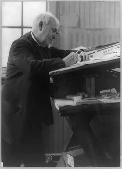 [Thomas Edison, three-quarter length portrait, standing, facing right, writing in his laboratory]
