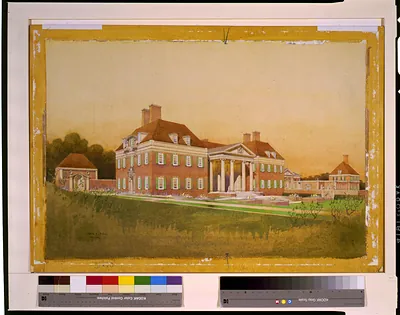 Architectural rendering of a brick Georgian mansion with portico
