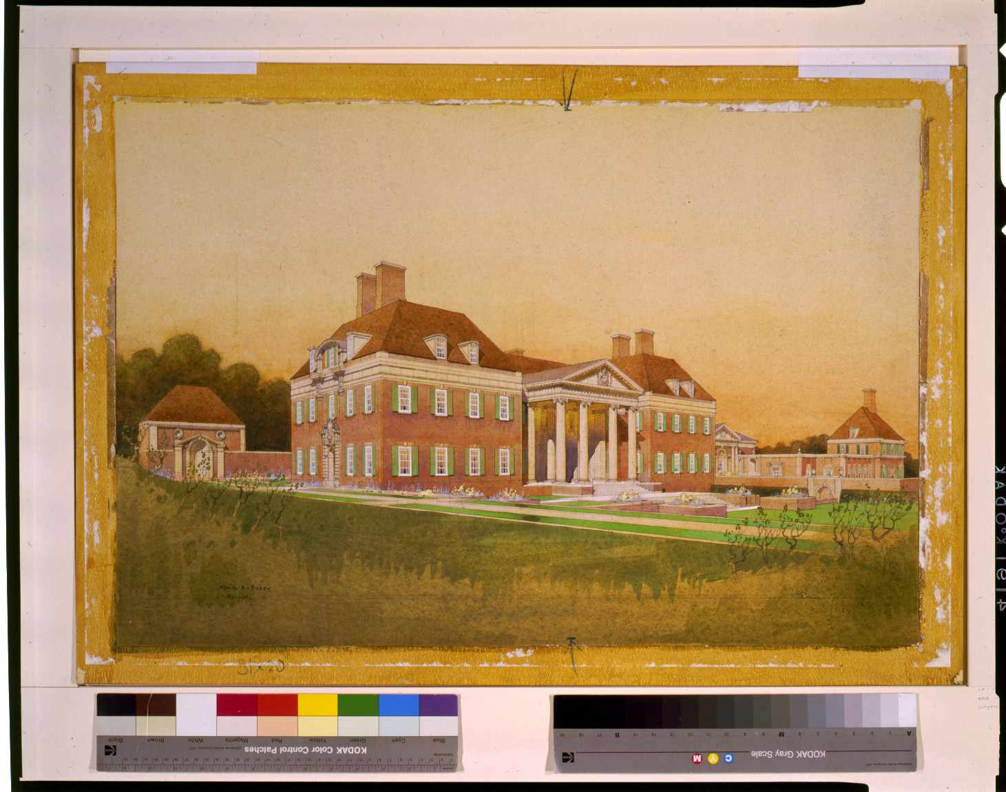 Architectural rendering of a brick Georgian mansion with portico — historic image