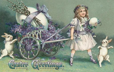 Easter Greetings postcard with girl, violet cart and rabbits