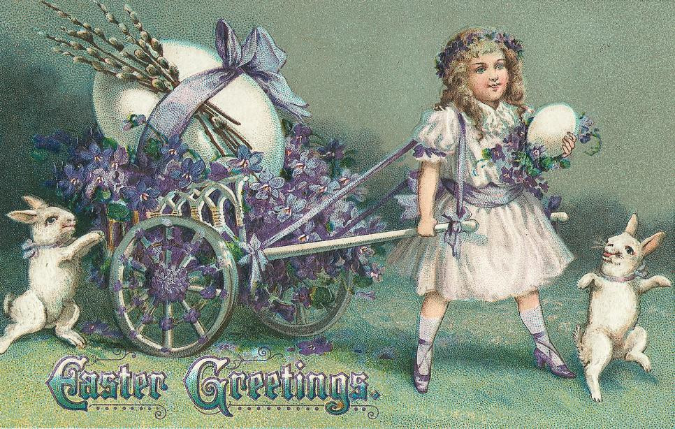 Easter Greetings postcard with girl, violet cart and rabbits — vintage postcard