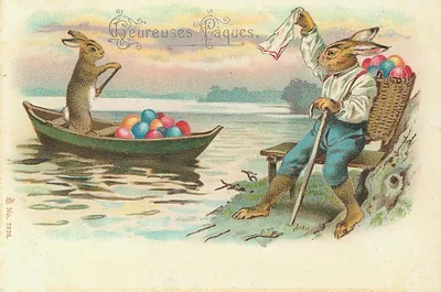 Rabbits with Easter eggs in a boat, Heureuses Pâques postcard