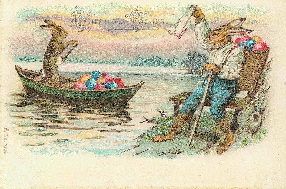 Rabbits with Easter eggs in a boat, Heureuses Pâques postcard — vintage postcard