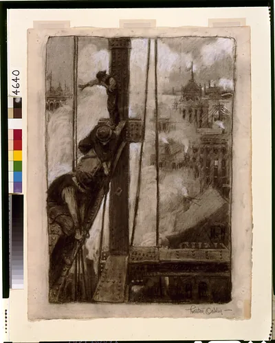 [Three ironworkers workers on girder with steam and rooftops in background, New York City]