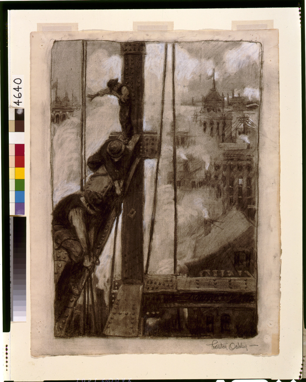 [Three ironworkers workers on girder with steam and rooftops in background, New York City] — historic drawing