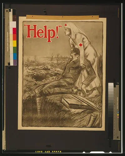 Help!" poster of a Red Cross nurse and wounded soldier