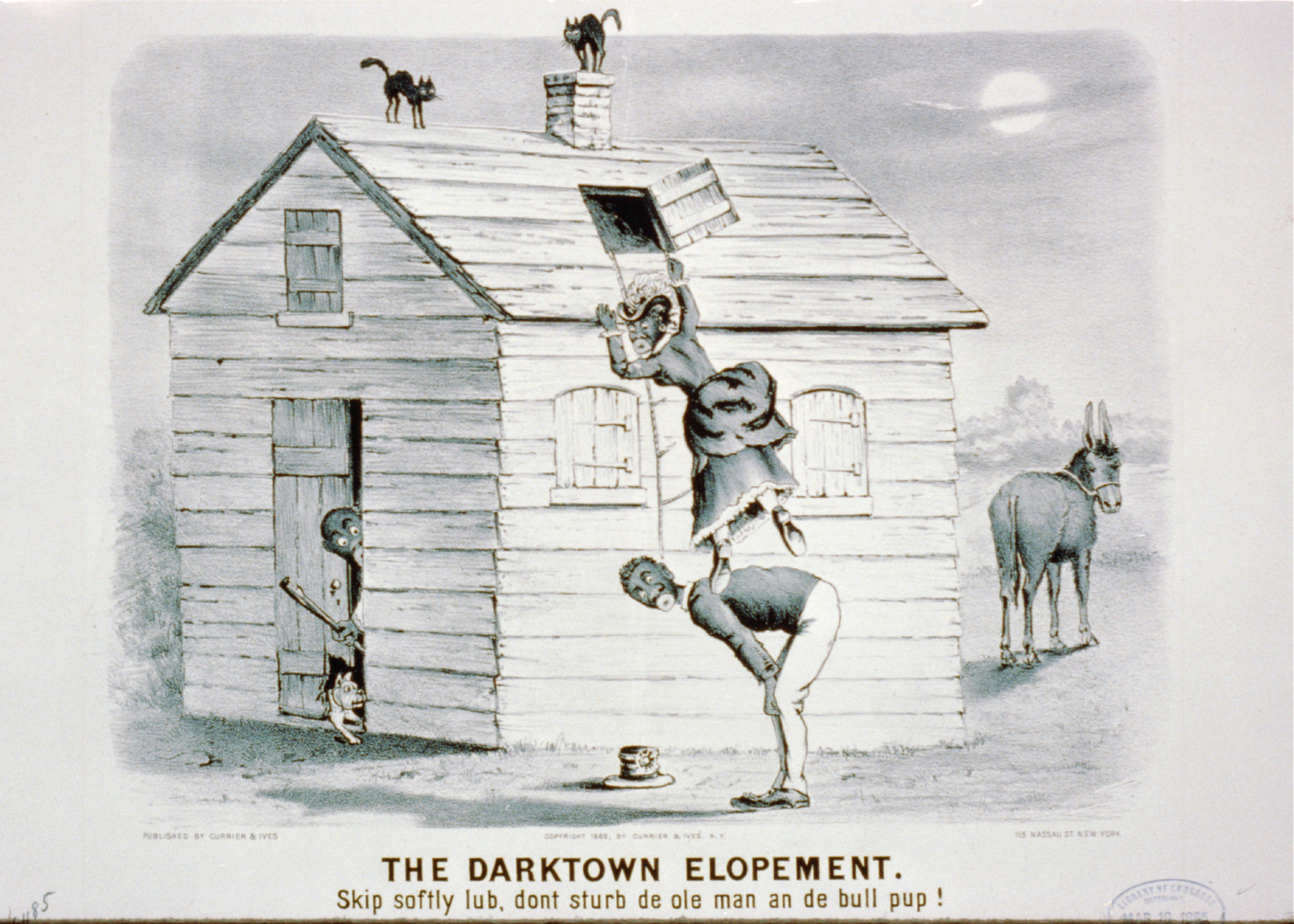 The Darktown elopement: Skip softly lub, dont sturb de ole man an de bull pup!, [New York] : Currier & Ives, 1885. — antique lithograph