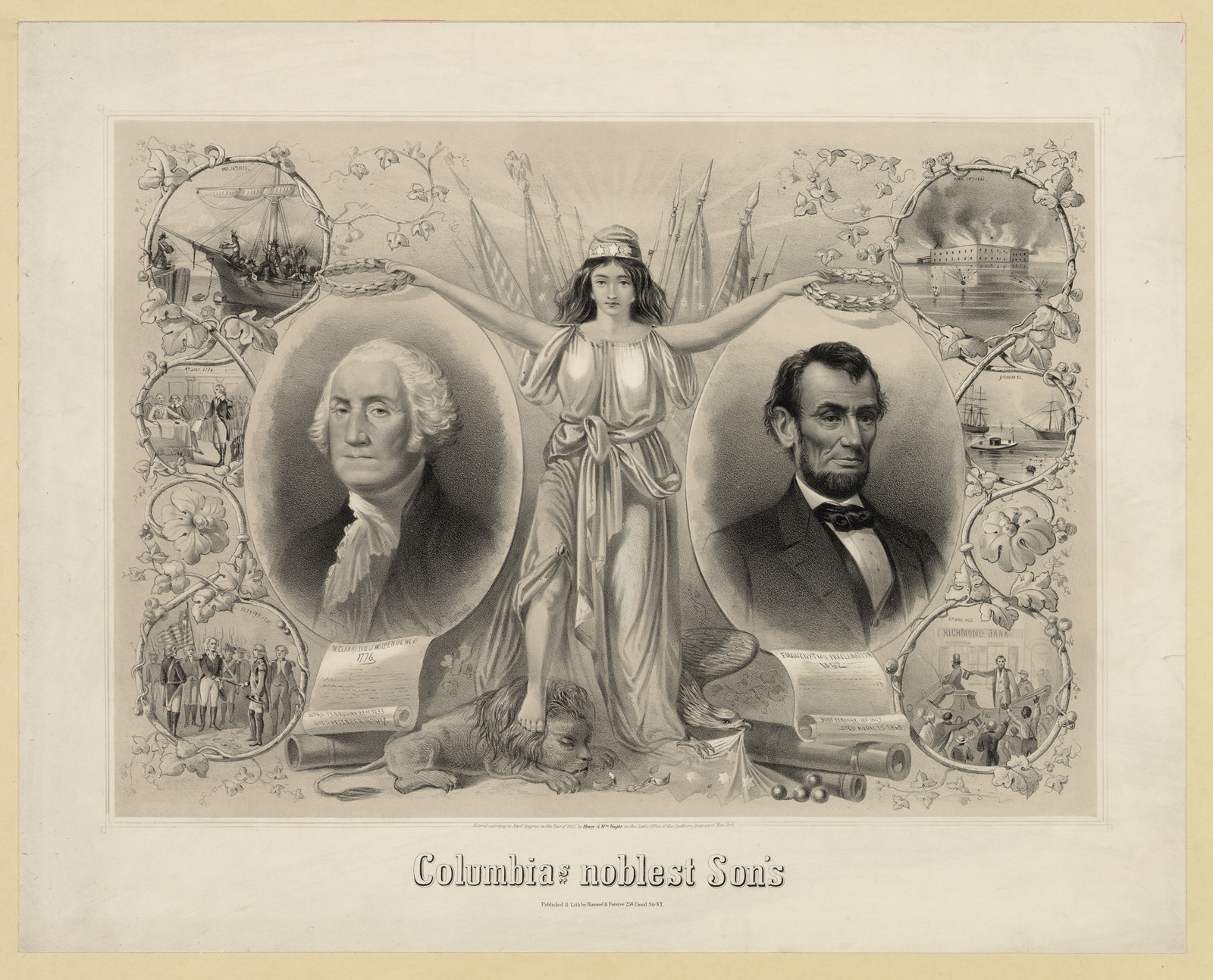 Columbia's Noblest Sons, c. 1865 — antique lithograph