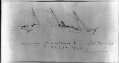 Destruction of Housatonic by a rebel torpedo. Feb. of 17 1864. Charleston