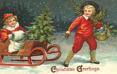 Vintage Christmas Greetings postcard with children and sled