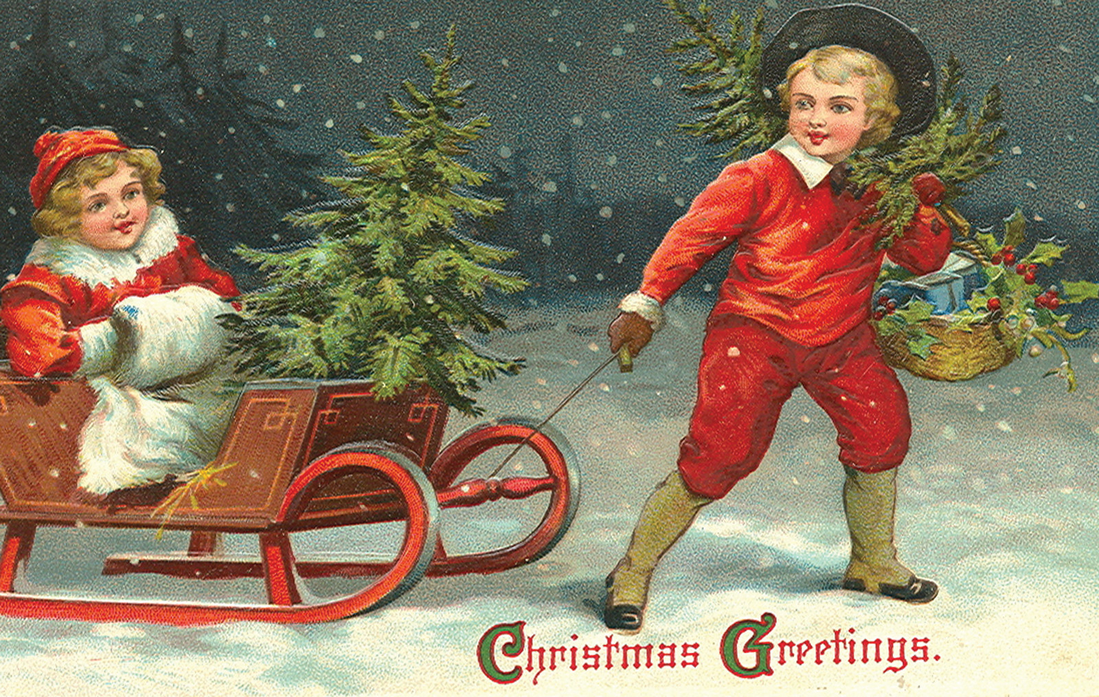 Vintage Christmas Greetings postcard with children and sled — vintage postcard